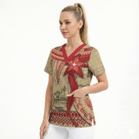 Tonga Language Week Scrub Top Tribal Cross Ngatu Floral Pattern DT05 - Polynesian Pride