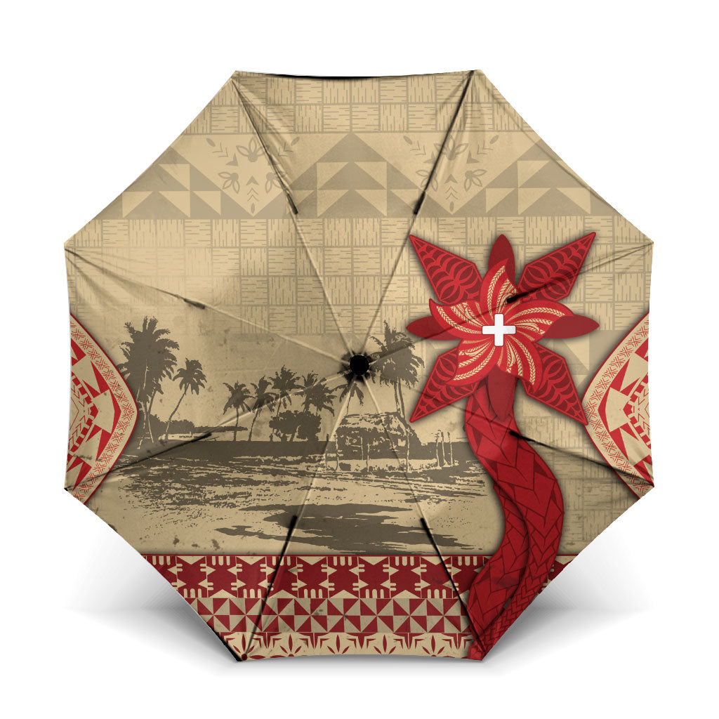 Tonga Language Week Umbrella Tribal Cross Ngatu Floral Pattern DT05 One Size Folded 11.42 inch Opened Diameter 37.4 inch Red - Polynesian Pride