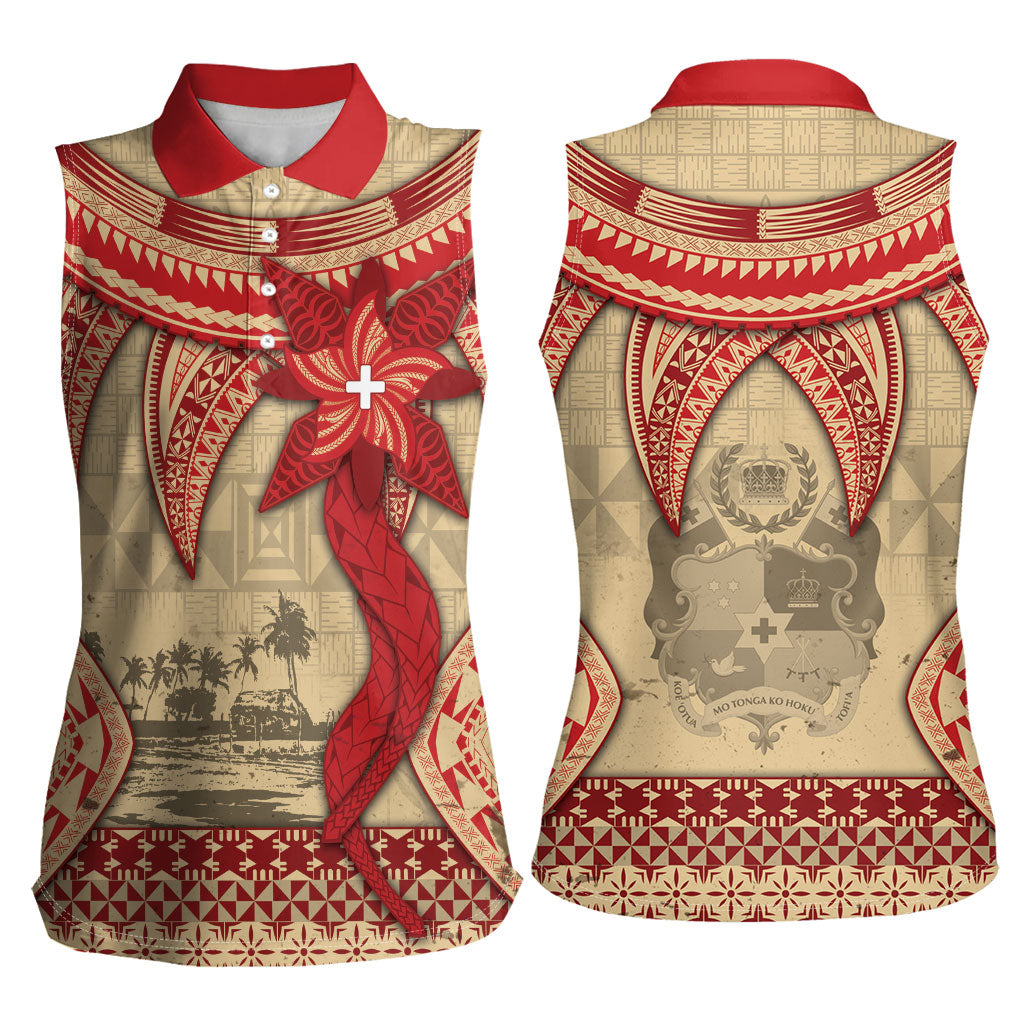 Tonga Language Week Women Sleeveless Polo Shirt Tribal Cross Ngatu Floral Pattern DT05 - Polynesian Pride