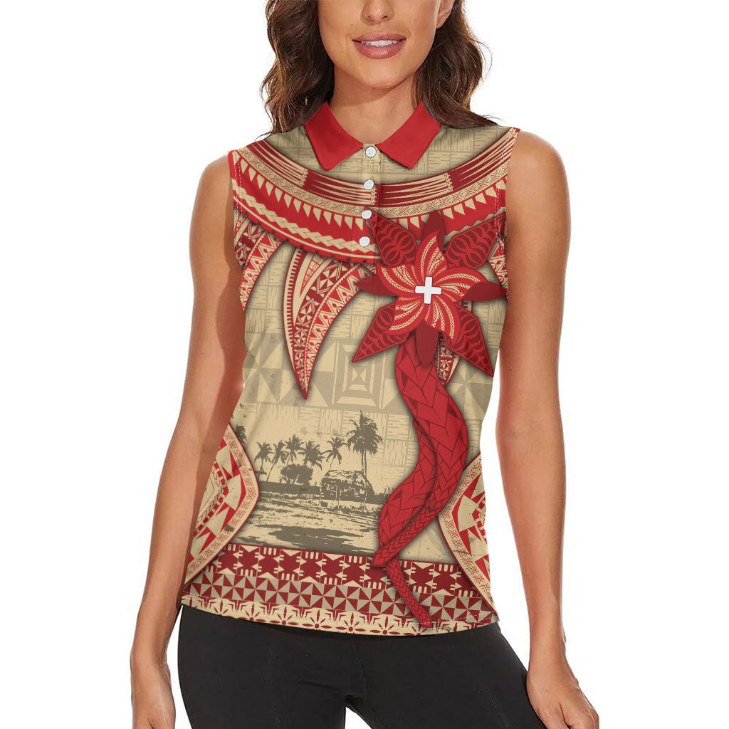 Tonga Language Week Women Sleeveless Polo Shirt Tribal Cross Ngatu Floral Pattern DT05 - Polynesian Pride