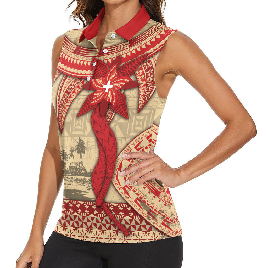 Tonga Language Week Women Sleeveless Polo Shirt Tribal Cross Ngatu Floral Pattern DT05 - Polynesian Pride