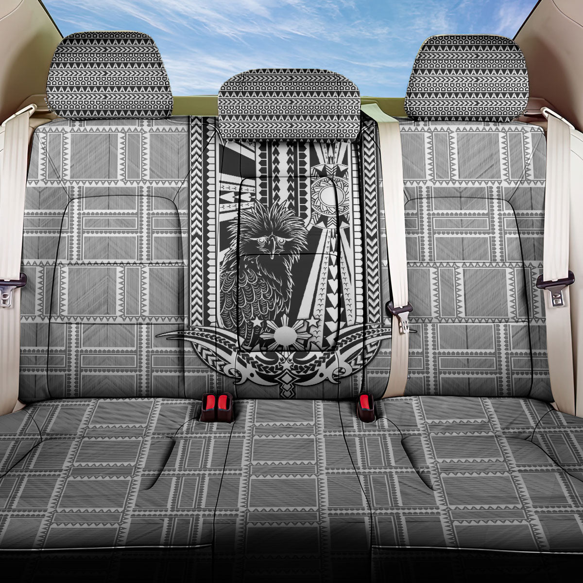 Mabuhay Philippines Festival Back Car Seat Cover Philippine Eagle Sun Three Stars Barong Pattern DT05 One Size Gray - Polynesian Pride