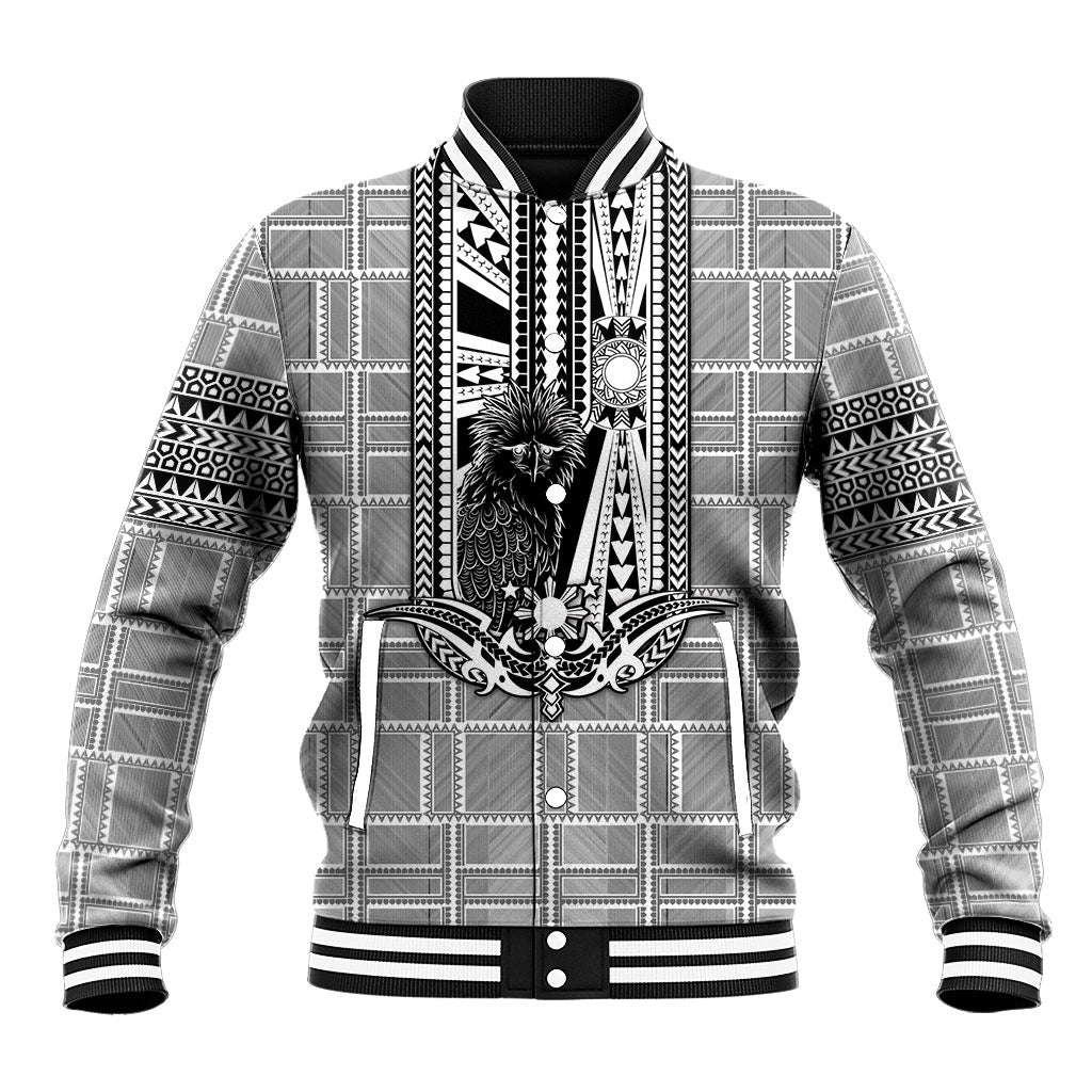 Mabuhay Philippines Festival Baseball Jacket Philippine Eagle Sun Three Stars Barong Pattern DT05 Unisex Gray - Polynesian Pride
