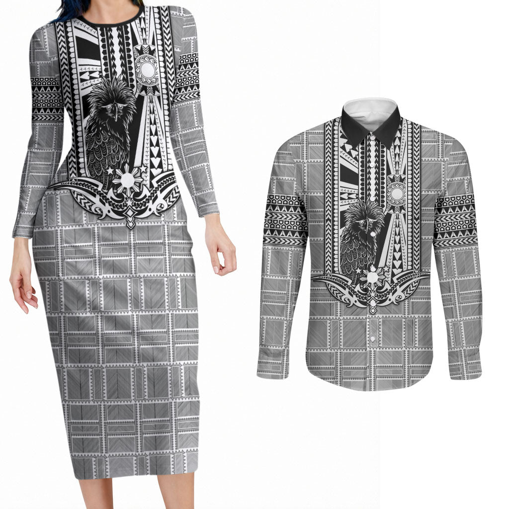 Mabuhay Philippines Festival Couples Matching Long Sleeve Bodycon Dress and Long Sleeve Button Shirt Philippine Eagle Sun Three Stars Barong Pattern DT05 Gray - Polynesian Pride