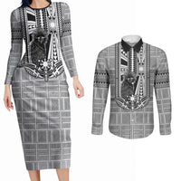 Mabuhay Philippines Festival Couples Matching Long Sleeve Bodycon Dress and Long Sleeve Button Shirt Philippine Eagle Sun Three Stars Barong Pattern DT05 Gray - Polynesian Pride
