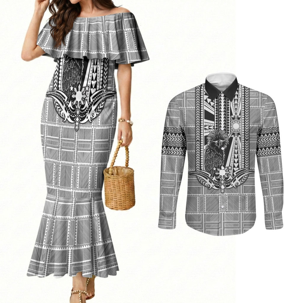 Mabuhay Philippines Festival Couples Matching Mermaid Dress and Long Sleeve Button Shirt Philippine Eagle Sun Three Stars Barong Pattern DT05 Gray - Polynesian Pride