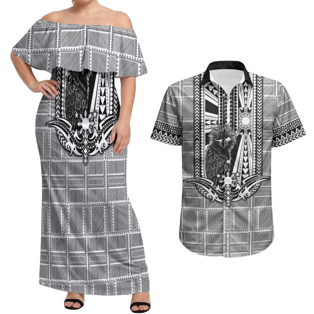 Mabuhay Philippines Festival Couples Matching Off Shoulder Maxi Dress and Hawaiian Shirt Philippine Eagle Sun Three Stars Barong Pattern DT05 Gray - Polynesian Pride
