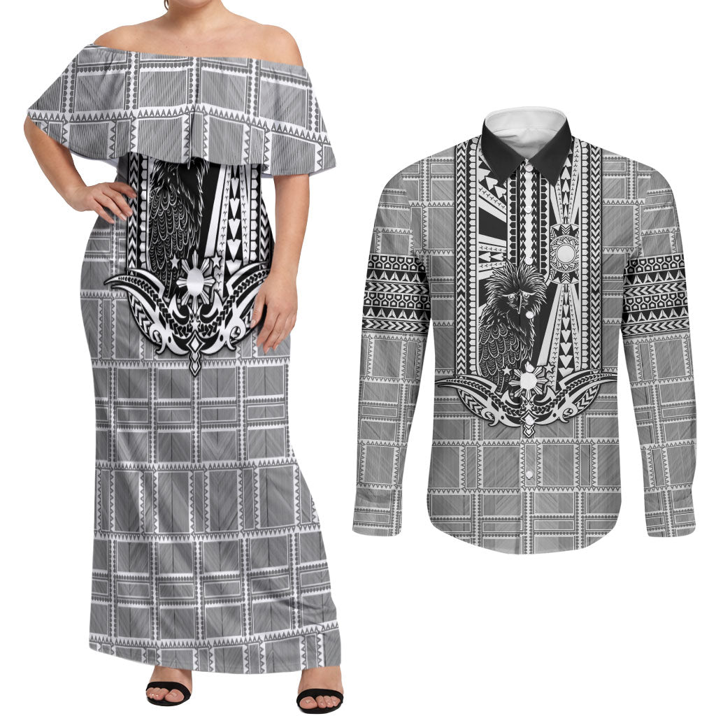 Mabuhay Philippines Festival Couples Matching Off Shoulder Maxi Dress and Long Sleeve Button Shirt Philippine Eagle Sun Three Stars Barong Pattern DT05 Gray - Polynesian Pride