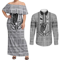 Mabuhay Philippines Festival Couples Matching Off Shoulder Maxi Dress and Long Sleeve Button Shirt Philippine Eagle Sun Three Stars Barong Pattern DT05 Gray - Polynesian Pride