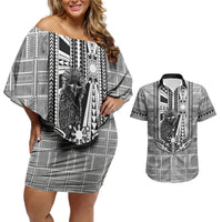 Mabuhay Philippines Festival Couples Matching Off Shoulder Short Dress and Hawaiian Shirt Philippine Eagle Sun Three Stars Barong Pattern DT05 Gray - Polynesian Pride