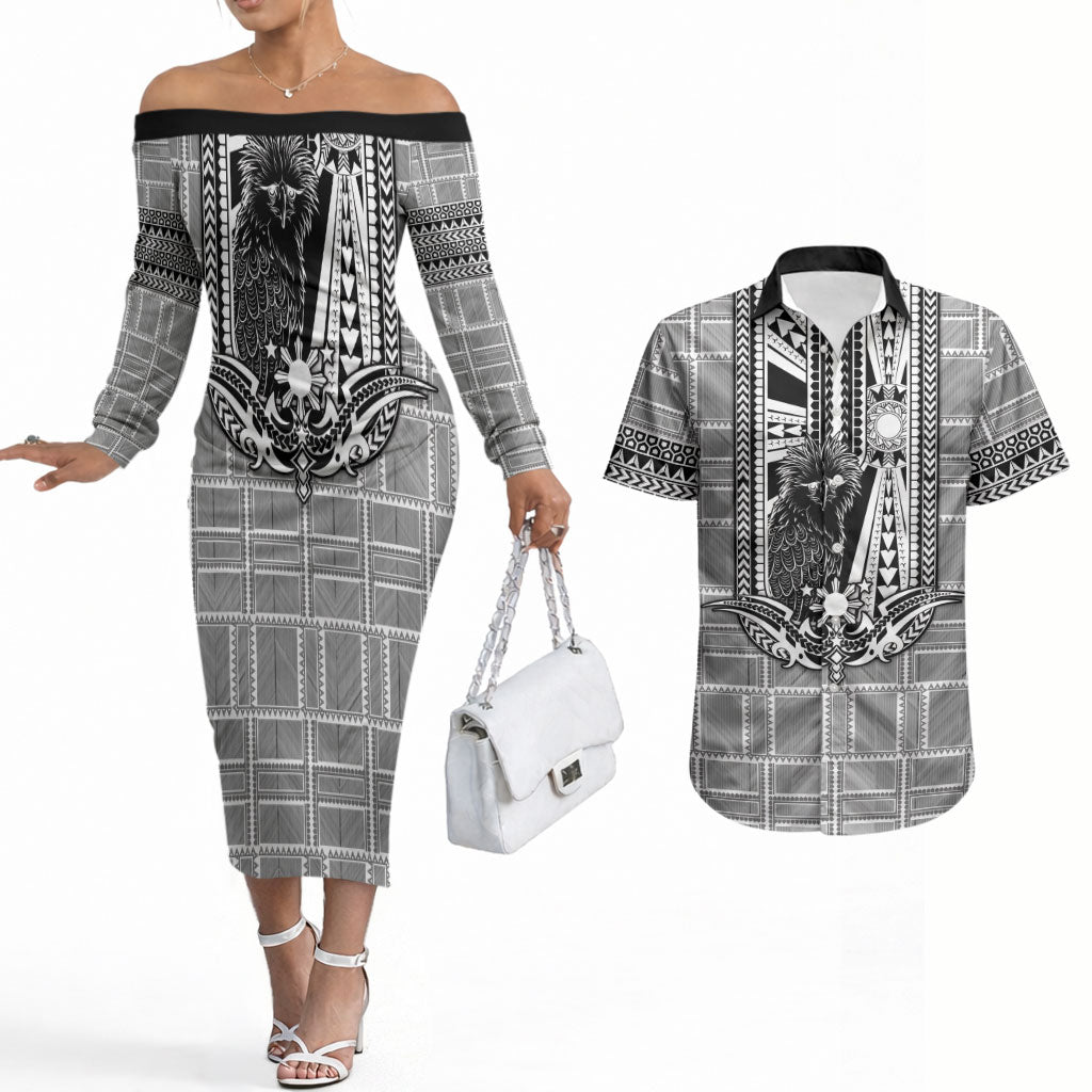 Mabuhay Philippines Festival Couples Matching Off The Shoulder Long Sleeve Dress and Hawaiian Shirt Philippine Eagle Sun Three Stars Barong Pattern