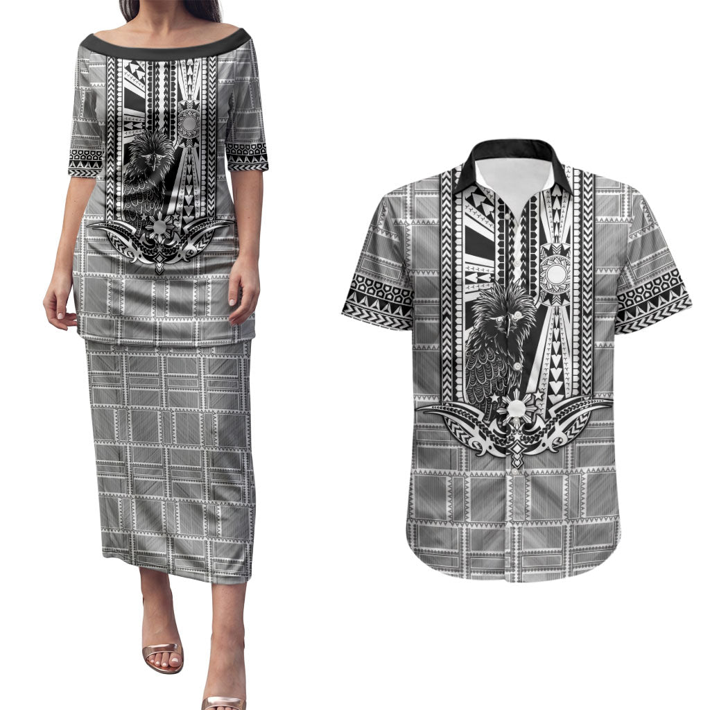 Mabuhay Philippines Festival Couples Matching Puletasi and Hawaiian Shirt Philippine Eagle Sun Three Stars Barong Pattern DT05 Gray - Polynesian Pride