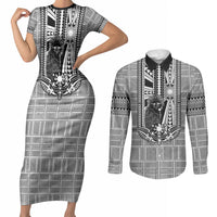 Mabuhay Philippines Festival Couples Matching Short Sleeve Bodycon Dress and Long Sleeve Button Shirt Philippine Eagle Sun Three Stars Barong Pattern DT05 Gray - Polynesian Pride
