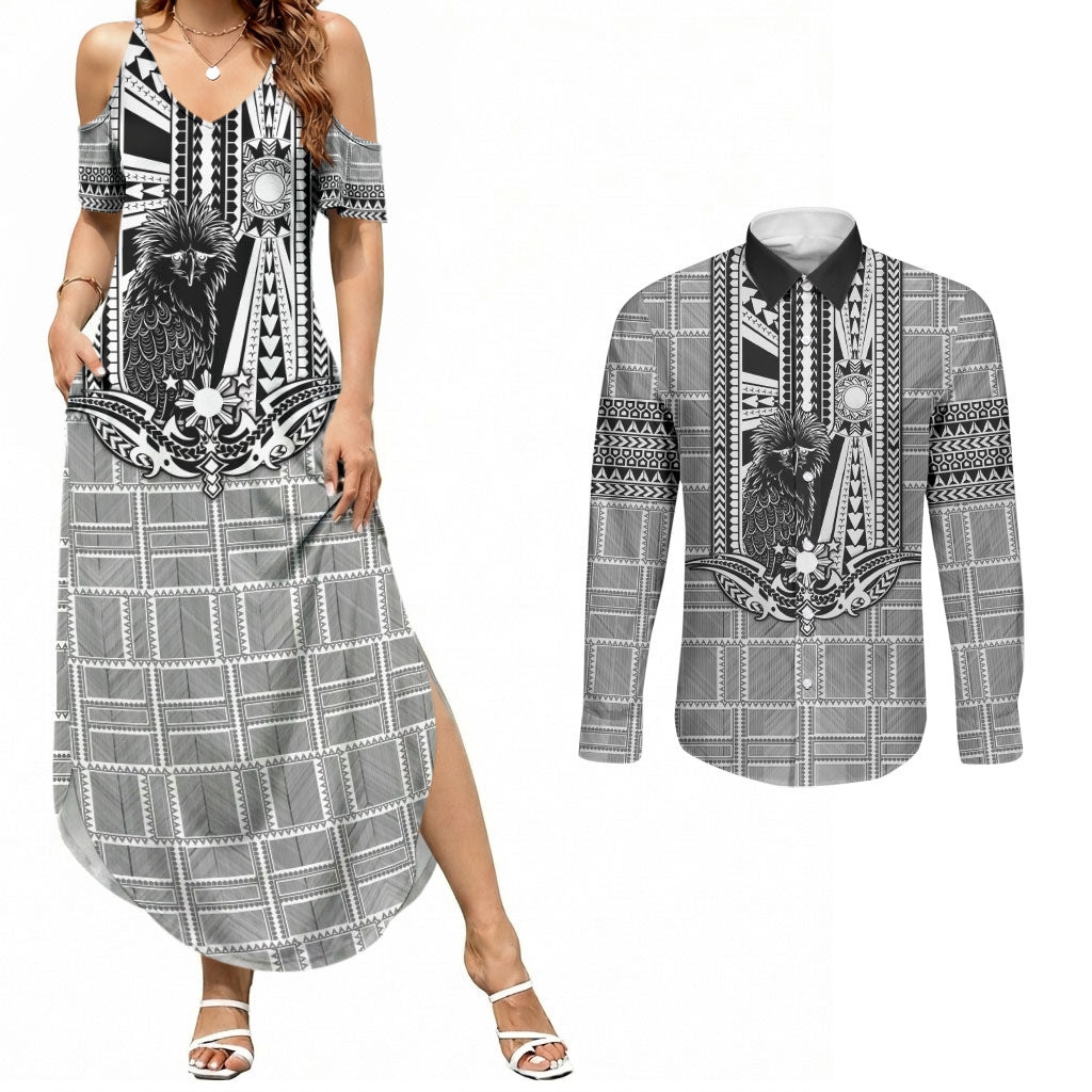 Mabuhay Philippines Festival Couples Matching Summer Maxi Dress and Long Sleeve Button Shirt Philippine Eagle Sun Three Stars Barong Pattern DT05 Gray - Polynesian Pride