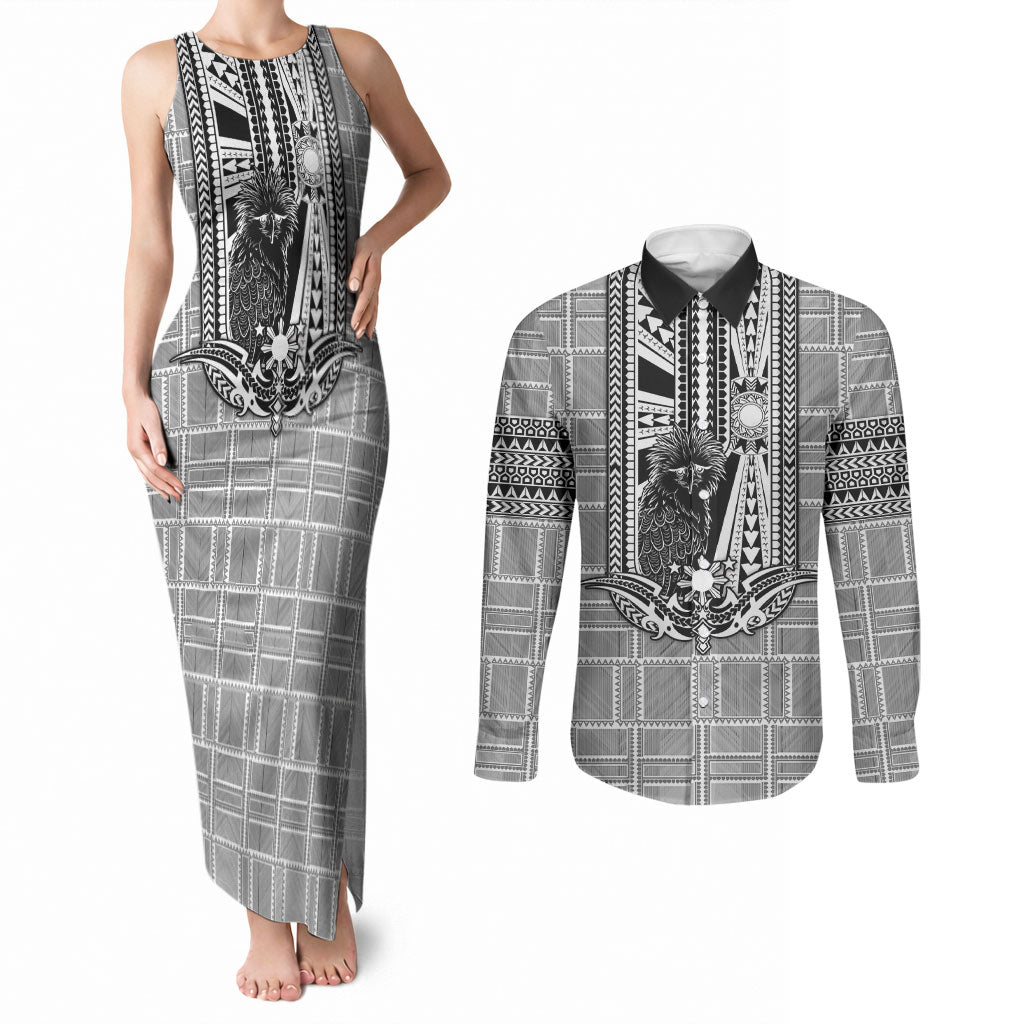 Mabuhay Philippines Festival Couples Matching Tank Maxi Dress and Long Sleeve Button Shirt Philippine Eagle Sun Three Stars Barong Pattern DT05 Gray - Polynesian Pride
