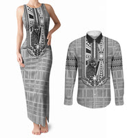 Mabuhay Philippines Festival Couples Matching Tank Maxi Dress and Long Sleeve Button Shirt Philippine Eagle Sun Three Stars Barong Pattern DT05 Gray - Polynesian Pride