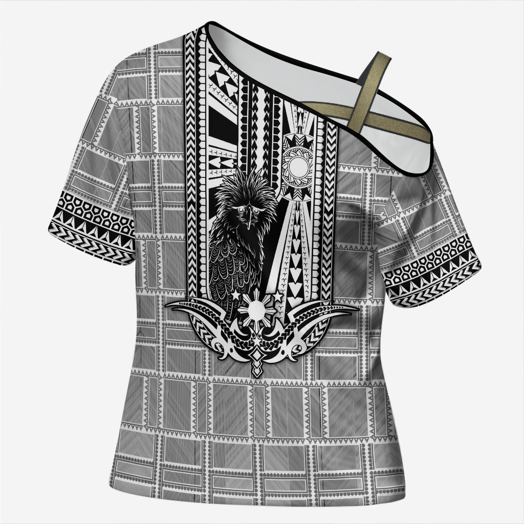 Mabuhay Philippines Festival Cross Shoulder Shirt Philippine Eagle Sun Three Stars Barong Pattern DT05 Female Gray - Polynesian Pride