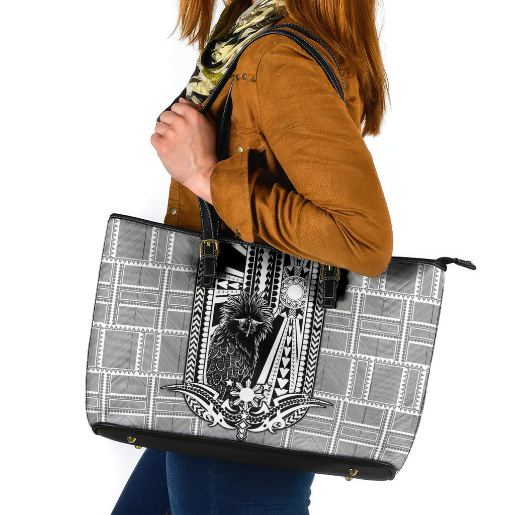 Mabuhay Philippines Festival Leather Tote Bag Philippine Eagle Sun Three Stars Barong Pattern DT05 Gray - Polynesian Pride
