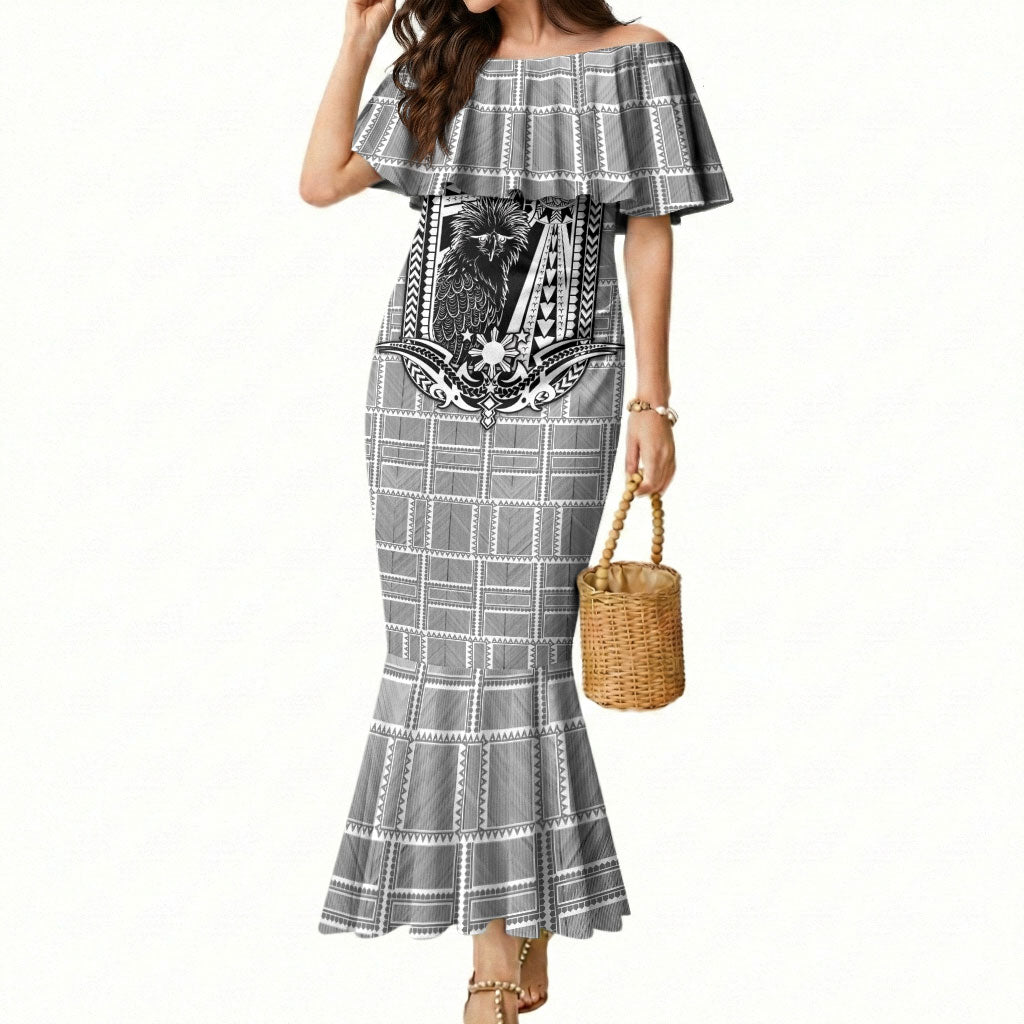Mabuhay Philippines Festival Mermaid Dress Philippine Eagle Sun Three Stars Barong Pattern DT05 Women Gray - Polynesian Pride