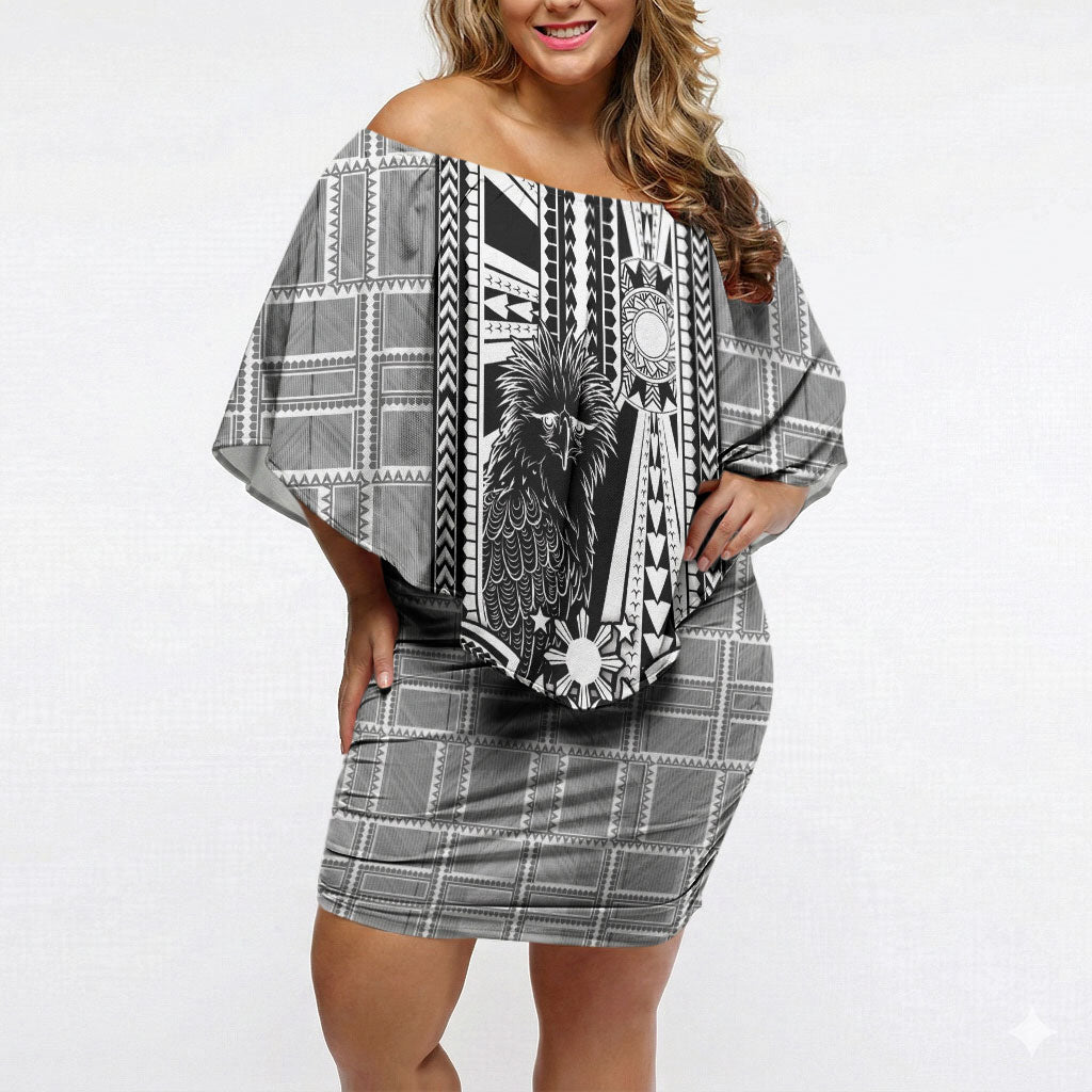 Mabuhay Philippines Festival Off Shoulder Short Dress Philippine Eagle Sun Three Stars Barong Pattern DT05 Women Gray - Polynesian Pride