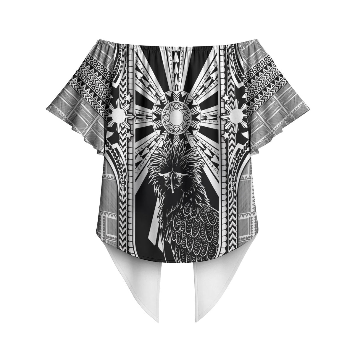 Mabuhay Philippines Festival Off Shoulder Wrap Waist Top Philippine Eagle Sun Three Stars Barong Pattern DT05 - Polynesian Pride