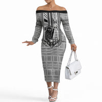 Mabuhay Philippines Festival Off The Shoulder Long Sleeve Dress Philippine Eagle Sun Three Stars Barong Pattern DT05 Women Gray - Polynesian Pride