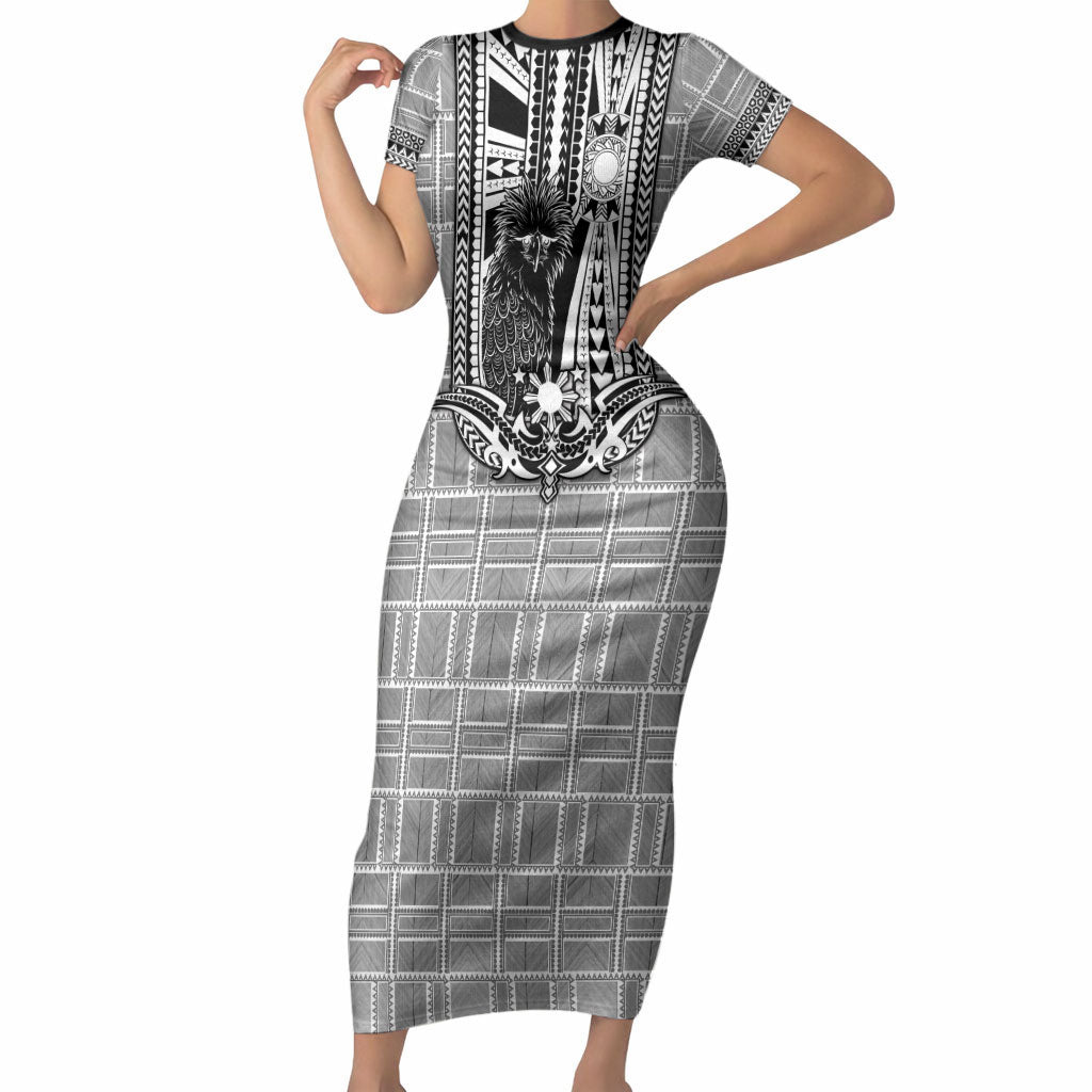 Mabuhay Philippines Festival Short Sleeve Bodycon Dress Philippine Eagle Sun Three Stars Barong Pattern DT05 Long Dress Gray - Polynesian Pride