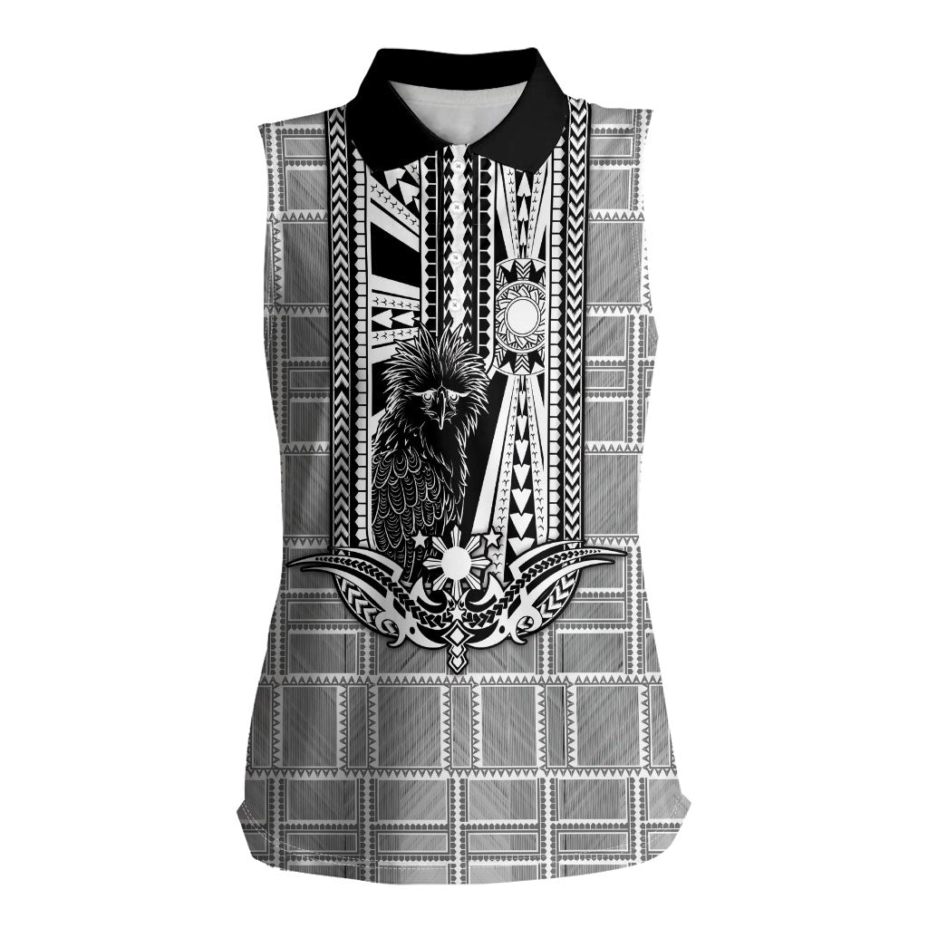 Mabuhay Philippines Festival Women Sleeveless Polo Shirt Philippine Eagle Sun Three Stars Barong Pattern DT05 Female Gray - Polynesian Pride