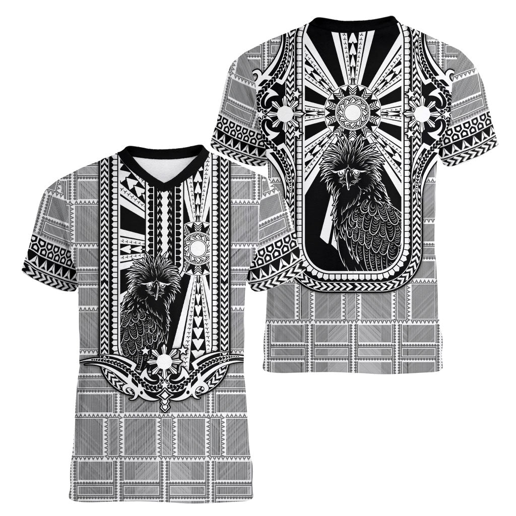 Mabuhay Philippines Festival Women V-Neck T-Shirt Philippine Eagle Sun Three Stars Barong Pattern DT05 - Polynesian Pride
