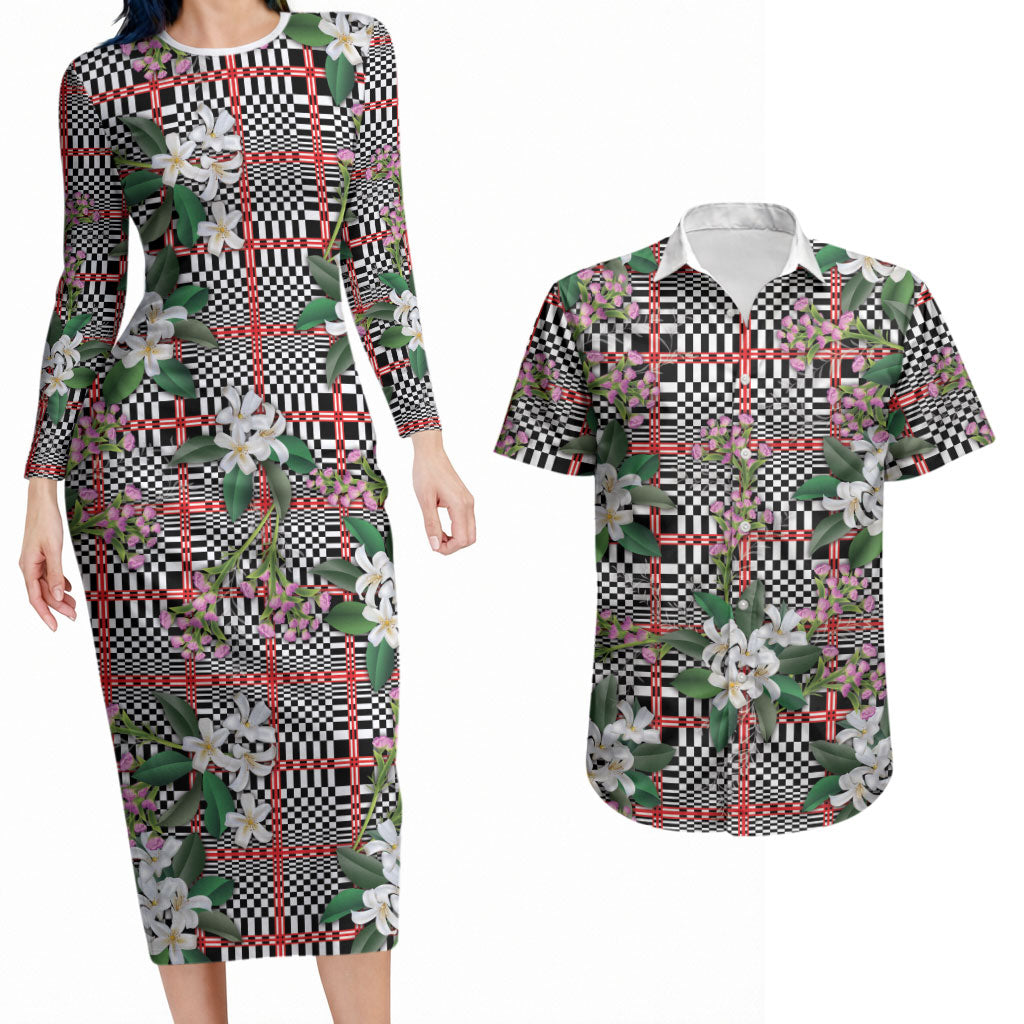 Red Binakol Motifs With Jasminum Sambac Couples Matching Long Sleeve Bodycon Dress and Hawaiian Shirt Mabuhay Philippines Festival