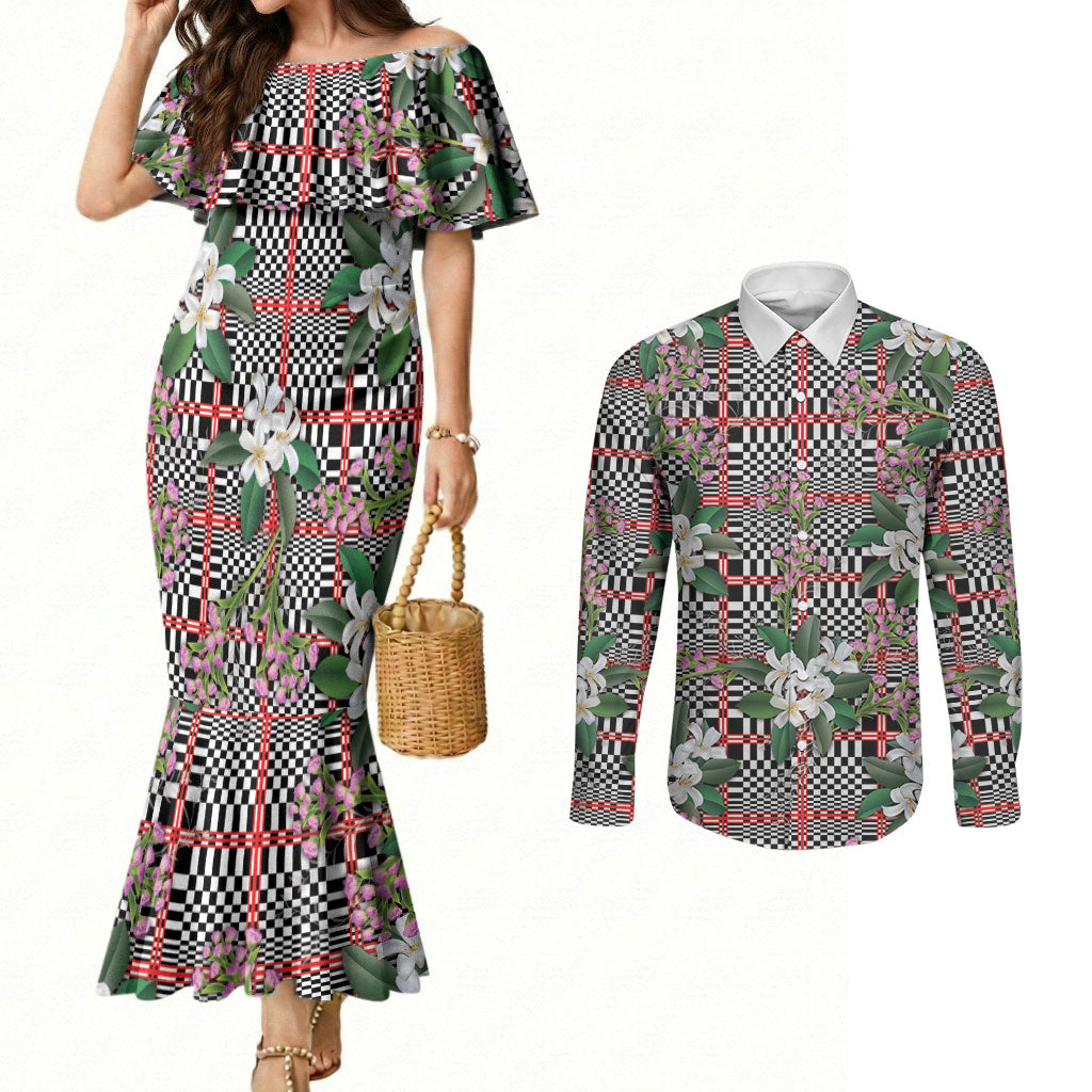 Red Binakol Motifs With Jasminum Sambac Couples Matching Mermaid Dress and Long Sleeve Button Shirt Mabuhay Philippines Festival