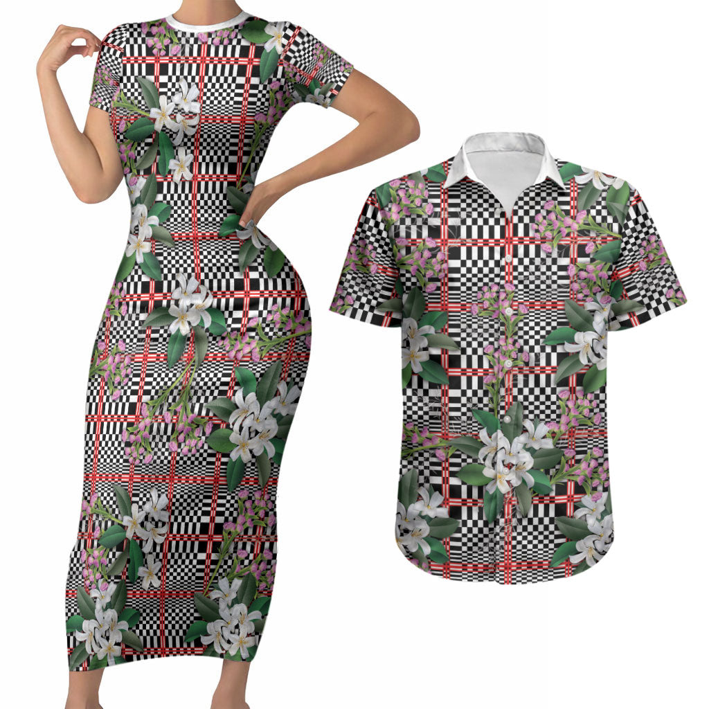 Red Binakol Motifs With Jasminum Sambac Couples Matching Short Sleeve Bodycon Dress and Hawaiian Shirt Mabuhay Philippines Festival