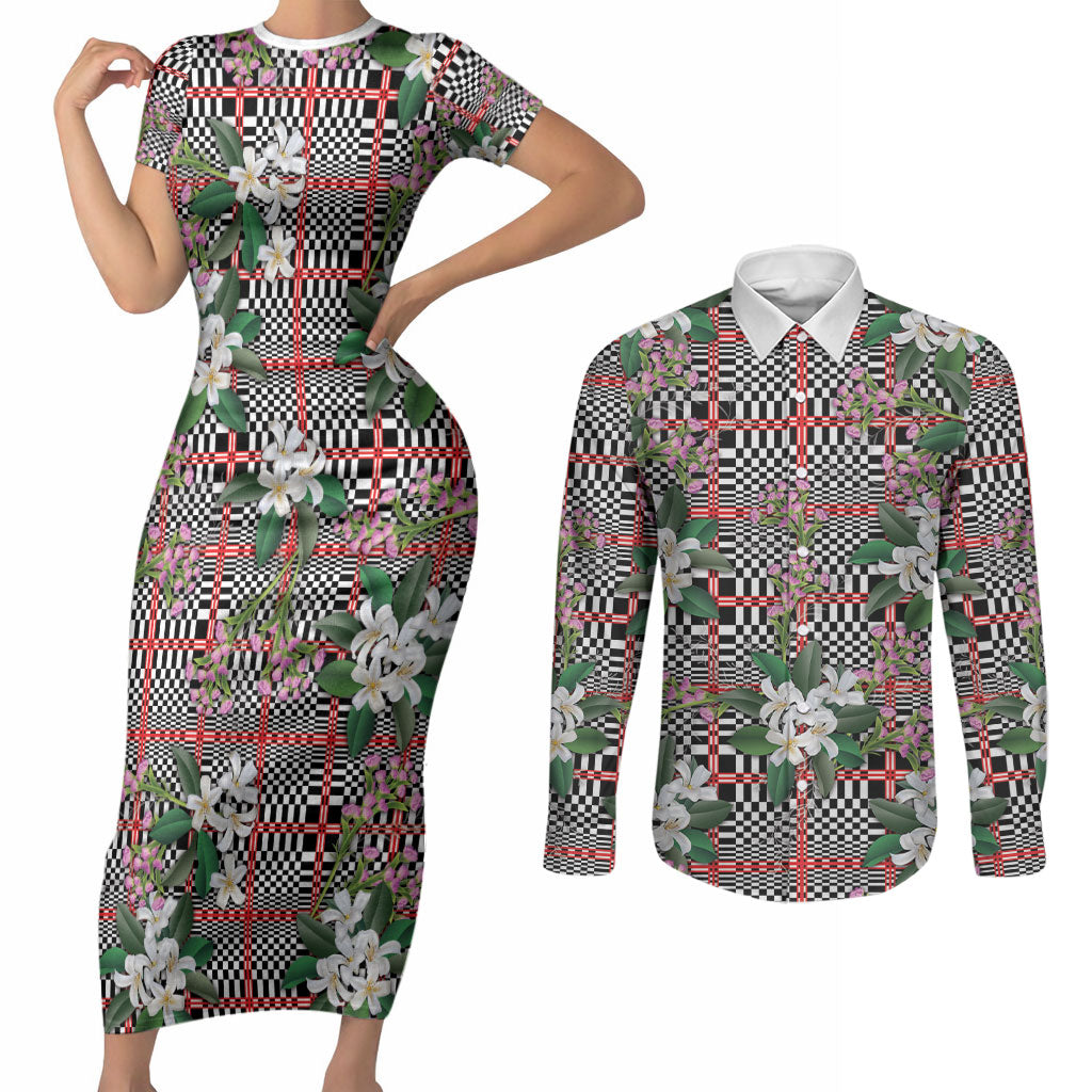 Red Binakol Motifs With Jasminum Sambac Couples Matching Short Sleeve Bodycon Dress and Long Sleeve Button Shirt Mabuhay Philippines Festival
