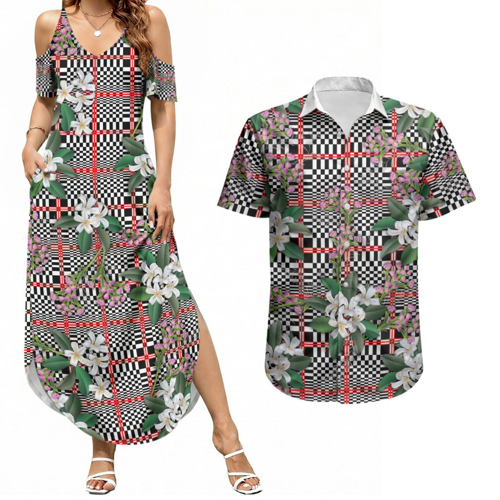 Red Binakol Motifs With Jasminum Sambac Couples Matching Summer Maxi Dress and Hawaiian Shirt Mabuhay Philippines Festival