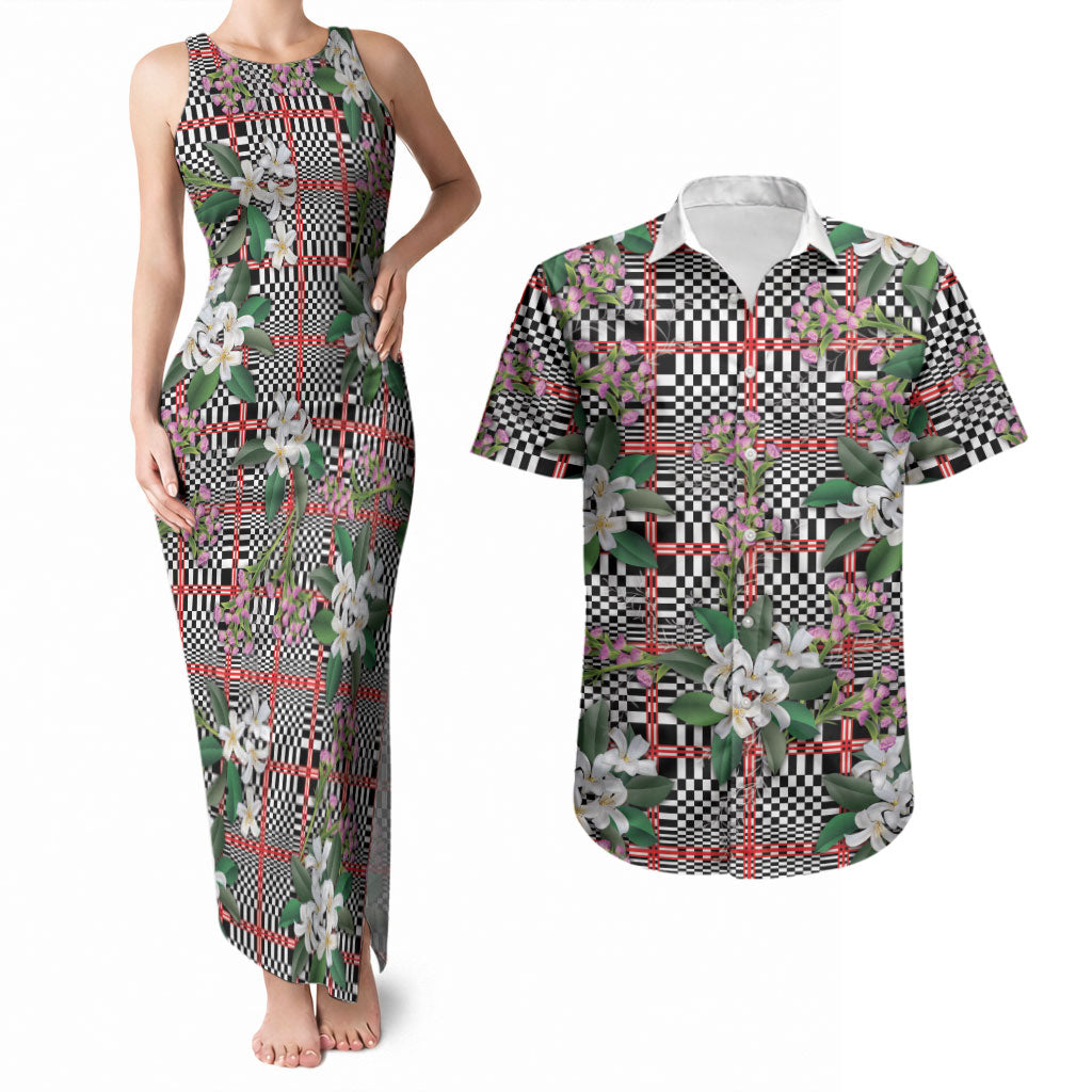 Red Binakol Motifs With Jasminum Sambac Couples Matching Tank Maxi Dress and Hawaiian Shirt Mabuhay Philippines Festival