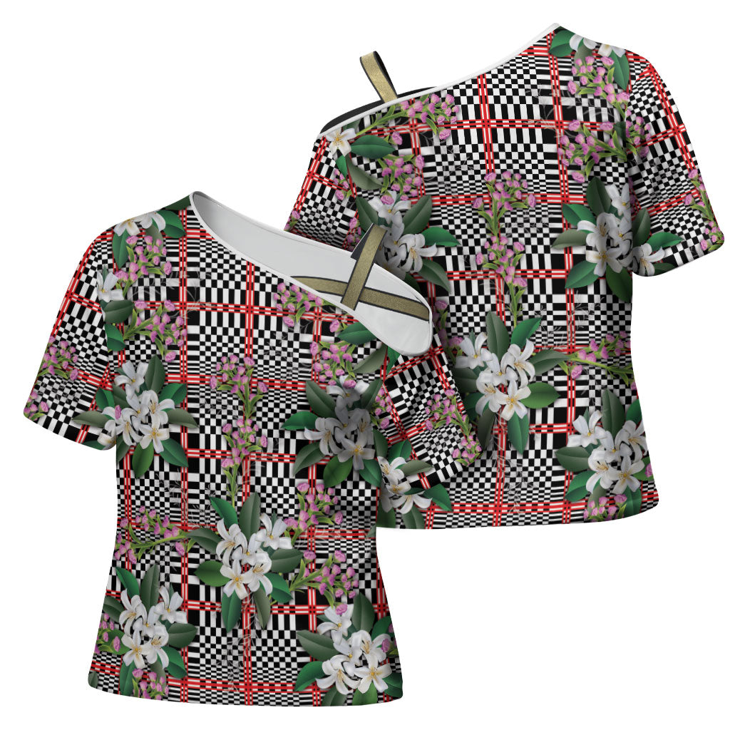 Red Binakol Motifs With Jasminum Sambac Cross Shoulder Shirt Mabuhay Philippines Festival DT05 - Polynesian Pride