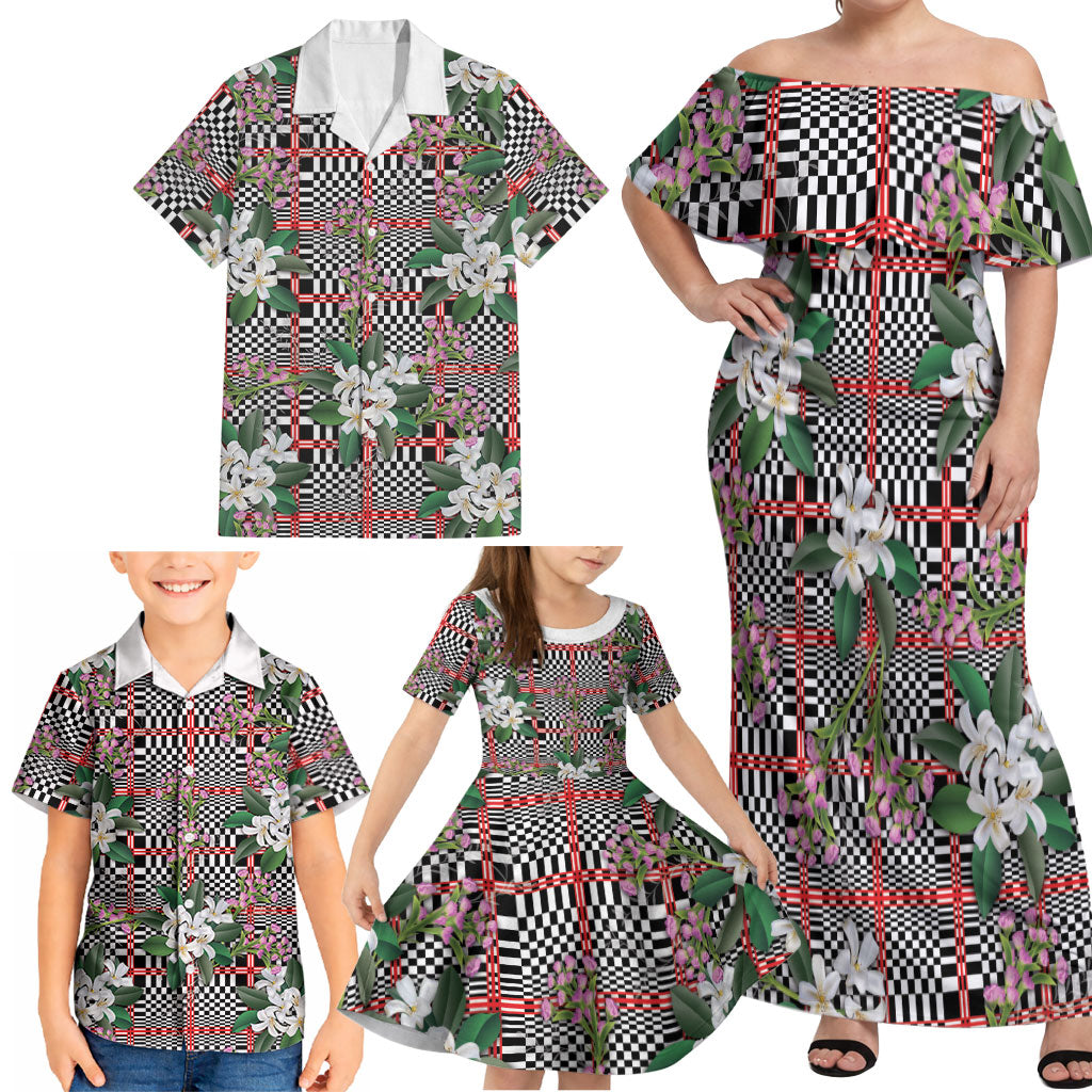 Red Binakol Motifs With Jasminum Sambac Family Matching Off Shoulder Maxi Dress and Hawaiian Shirt Mabuhay Philippines Festival