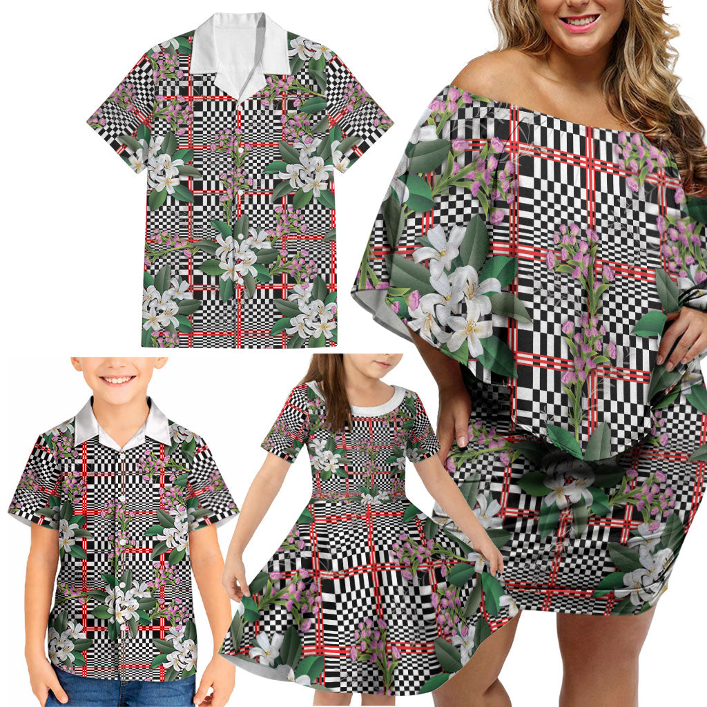 Red Binakol Motifs With Jasminum Sambac Family Matching Off Shoulder Short Dress and Hawaiian Shirt Mabuhay Philippines Festival