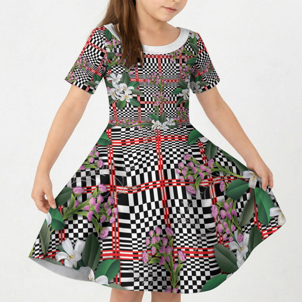 Red Binakol Motifs With Jasminum Sambac Kid Short Sleeve Dress Mabuhay Philippines Festival DT05 KID Red - Polynesian Pride