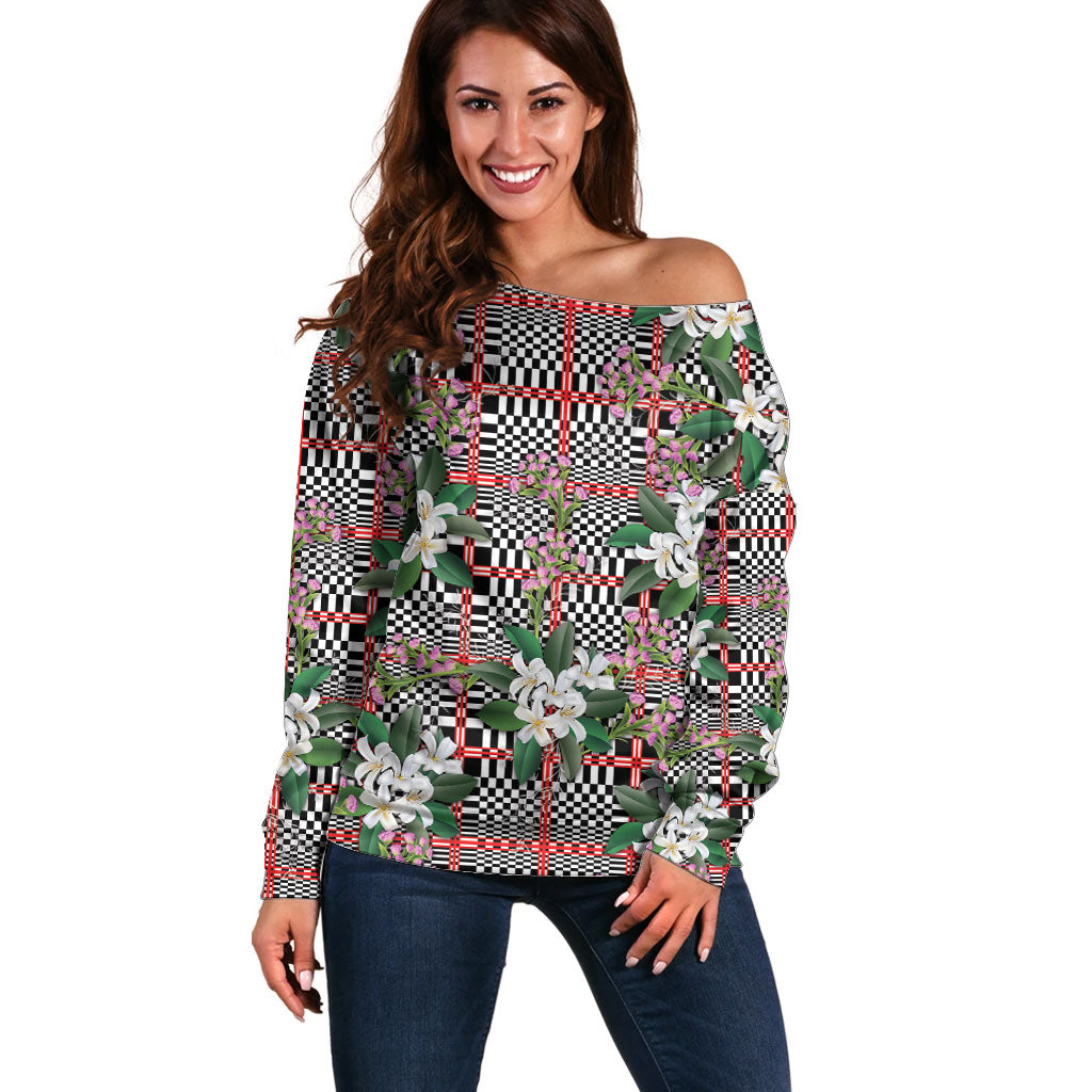 Red Binakol Motifs With Jasminum Sambac Off Shoulder Sweater Mabuhay Philippines Festival DT05 Women Red - Polynesian Pride