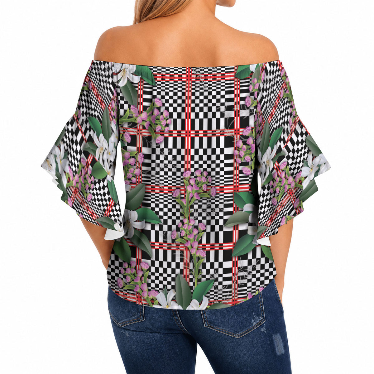 Red Binakol Motifs With Jasminum Sambac Off Shoulder Wrap Waist Top Mabuhay Philippines Festival DT05 - Polynesian Pride