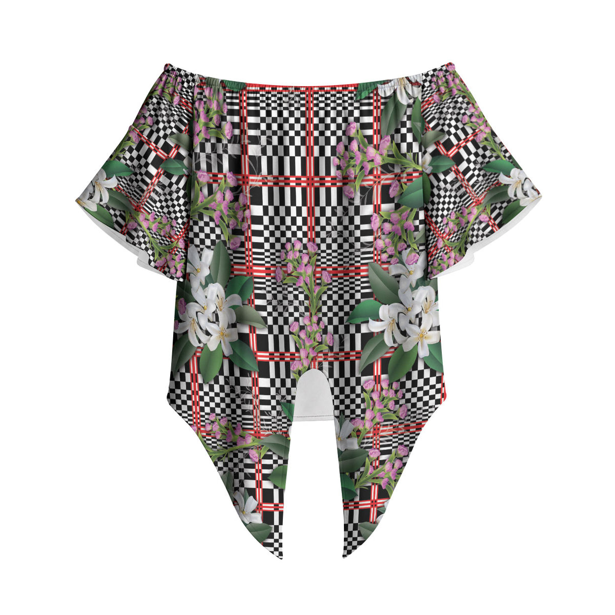 Red Binakol Motifs With Jasminum Sambac Off Shoulder Wrap Waist Top Mabuhay Philippines Festival DT05 - Polynesian Pride