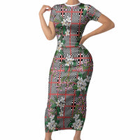 Red Binakol Motifs With Jasminum Sambac Short Sleeve Bodycon Dress Mabuhay Philippines Festival DT05 Long Dress Red - Polynesian Pride