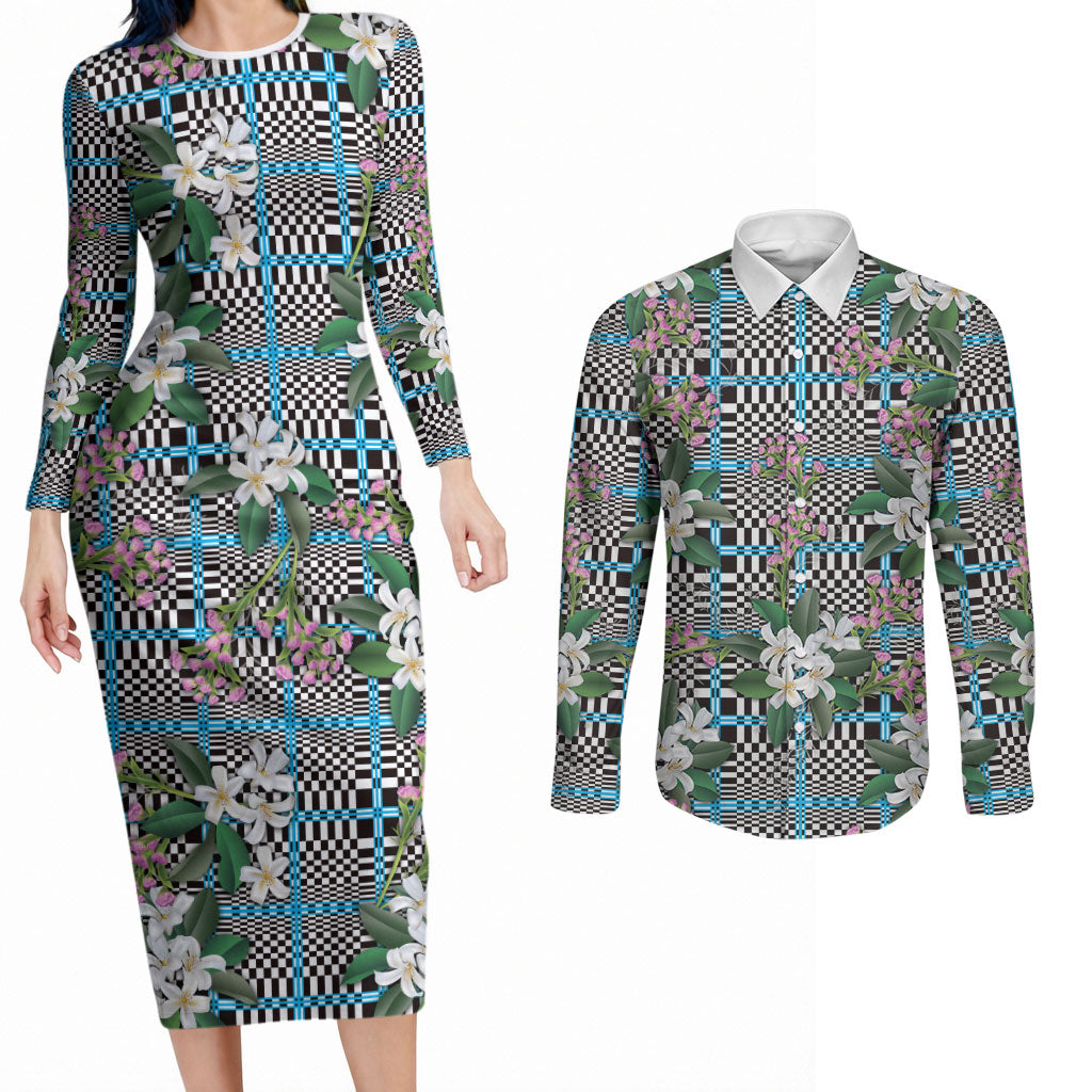 Blue Binakol Motifs With Jasminum Sambac Couples Matching Long Sleeve Bodycon Dress and Long Sleeve Button Shirt Mabuhay Philippines Festival DT05 Blue - Polynesian Pride