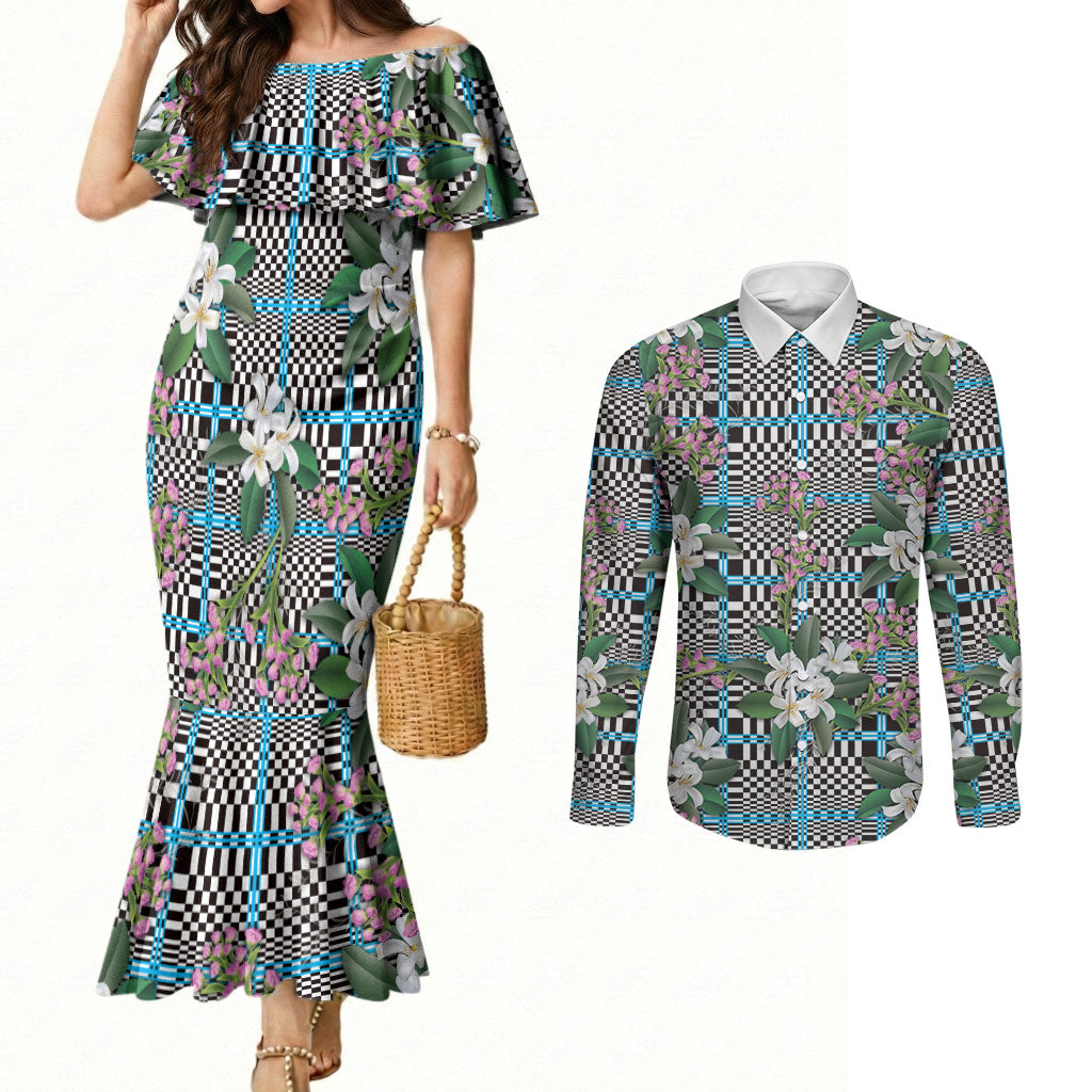 Blue Binakol Motifs With Jasminum Sambac Couples Matching Mermaid Dress and Long Sleeve Button Shirt Mabuhay Philippines Festival