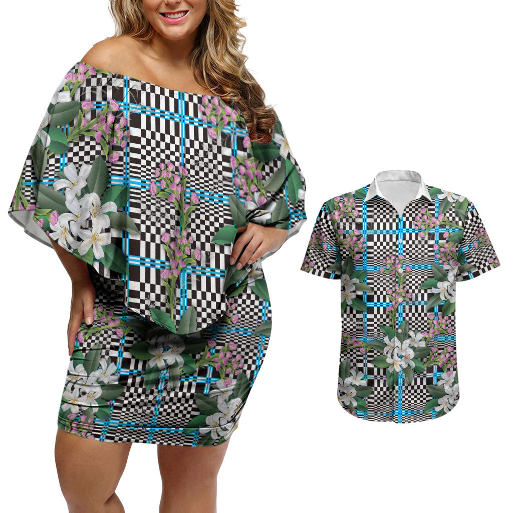 Blue Binakol Motifs With Jasminum Sambac Couples Matching Off Shoulder Short Dress and Hawaiian Shirt Mabuhay Philippines Festival DT05 Blue - Polynesian Pride