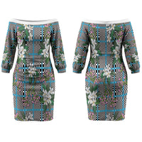 Blue Binakol Motifs With Jasminum Sambac Couples Matching Off The Shoulder Long Sleeve Dress and Long Sleeve Button Shirt Mabuhay Philippines Festival DT05 - Polynesian Pride