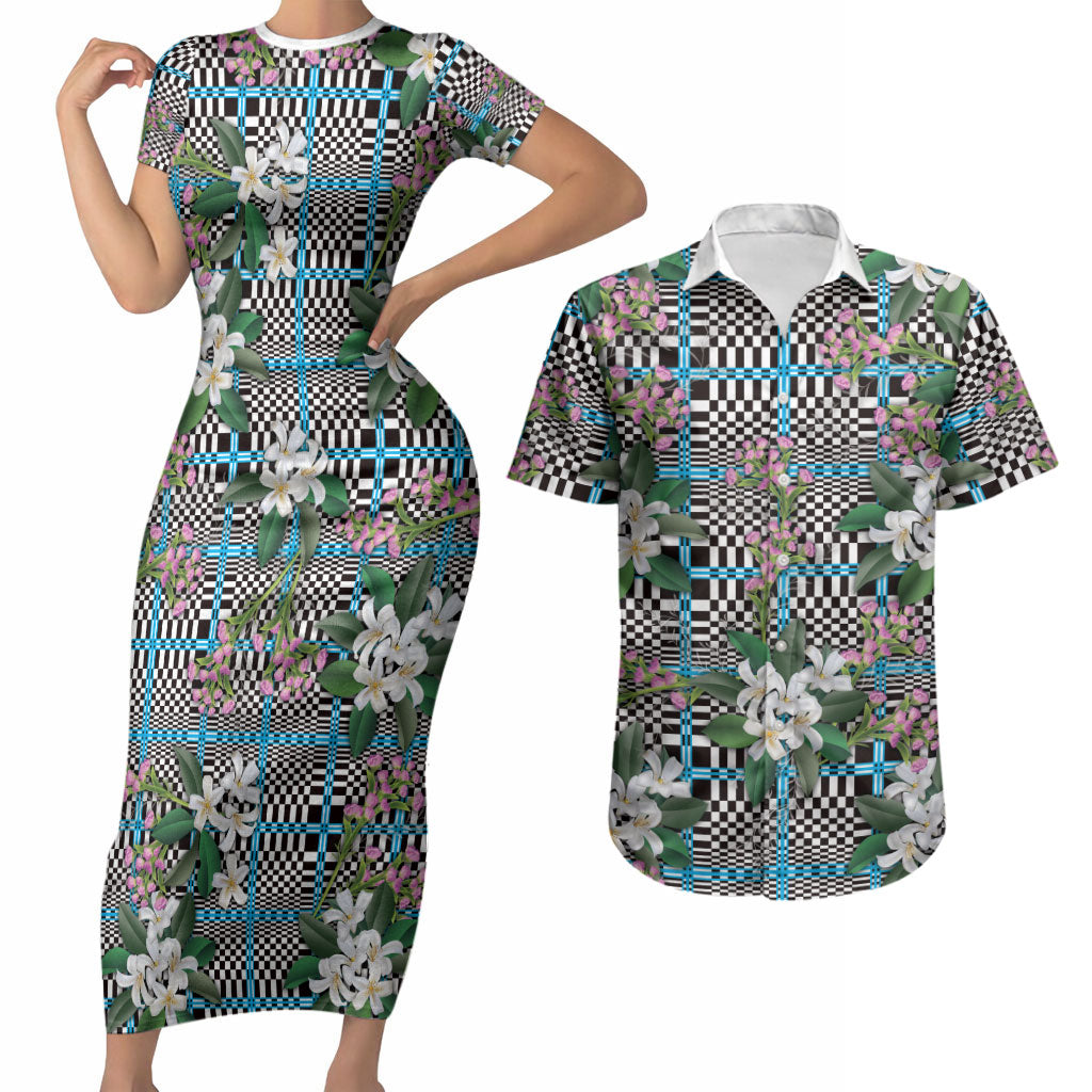 Blue Binakol Motifs With Jasminum Sambac Couples Matching Short Sleeve Bodycon Dress and Hawaiian Shirt Mabuhay Philippines Festival DT05 Blue - Polynesian Pride