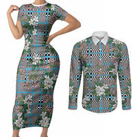 Blue Binakol Motifs With Jasminum Sambac Couples Matching Short Sleeve Bodycon Dress and Long Sleeve Button Shirt Mabuhay Philippines Festival DT05 Blue - Polynesian Pride