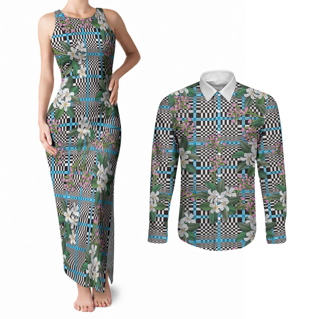 Blue Binakol Motifs With Jasminum Sambac Couples Matching Tank Maxi Dress and Long Sleeve Button Shirt Mabuhay Philippines Festival DT05 Blue - Polynesian Pride
